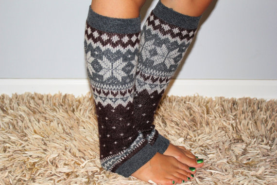 Womens Brown Knitted Leg Warmer Or Boot Topper With Pattern, Stocking St...